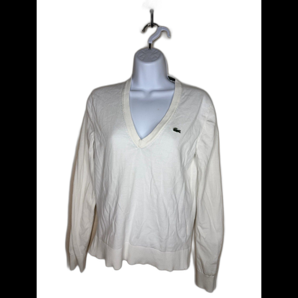 Lacoste winensLong Sleeve V-Neck Sweater White Crocodile Logo Pullover sz 34 S